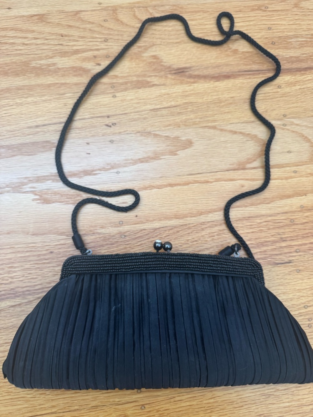 Talbots Black Pleated Evening Bag Beaded Kiss Lock Crossbody Clutch